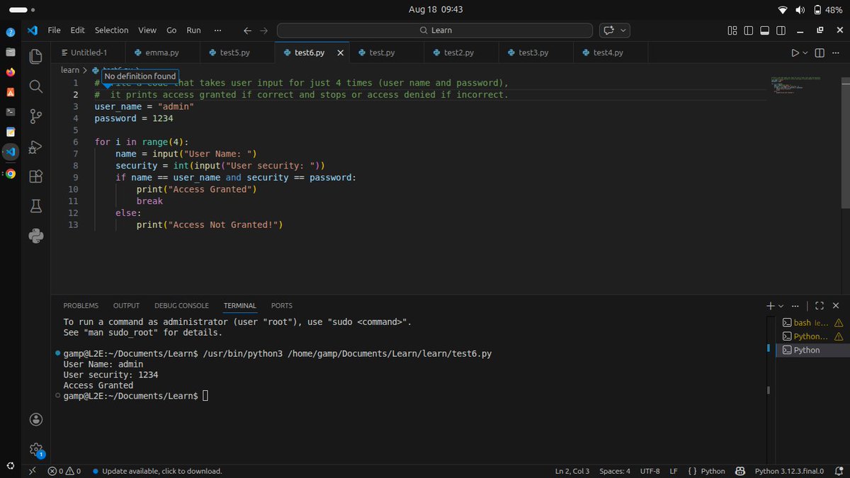 ETogenu's tweet photo. This week: loops, recursion, and an access-control script built from scratch.

Simple code, but it's how login systems work, check the condition, grant or deny.

Not far from law. Still connecting the dots.
#Python #100DaysOfCode https://t.co/8RlDoUvkbt