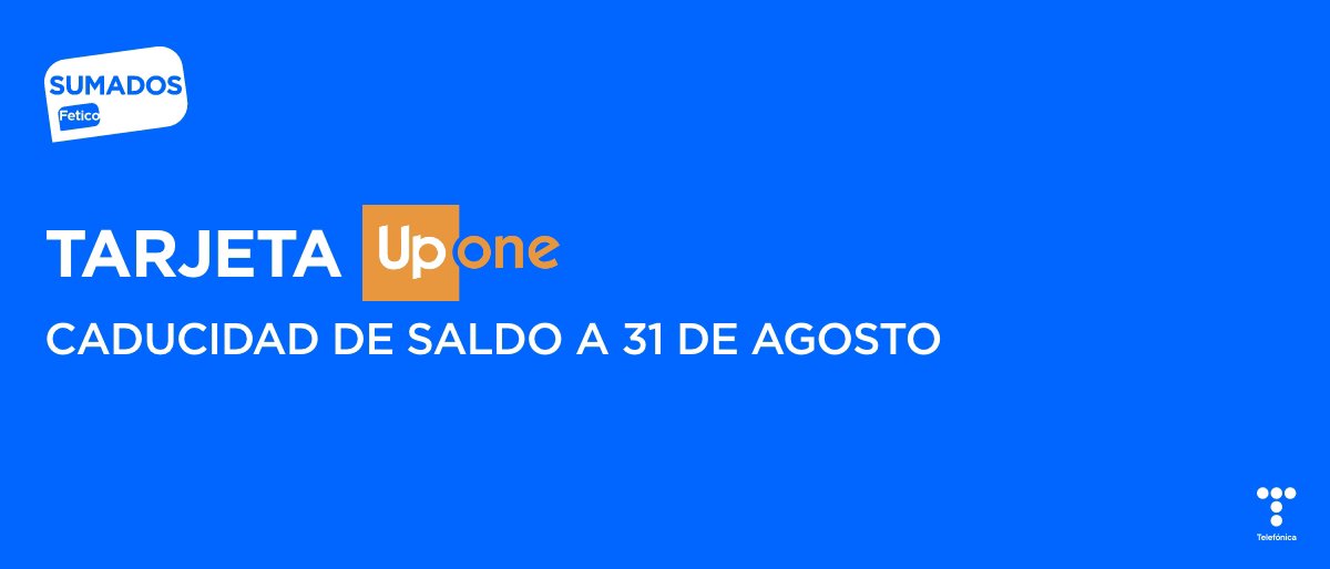 SumadosT's tweet photo. Te recordamos que, si cobras AYUDA A COMIDA POR JORNADA PARTIDA con la modalidad de recarga en TARJETA UP ONE, el próximo 31 de agosto caduca el saldo que puedas tener en ella.

Más info:
https://t.co/h3KYosufFm

#Telefónica #Sumados #sumadosfetico https://t.co/Tz7Zy0yK3k