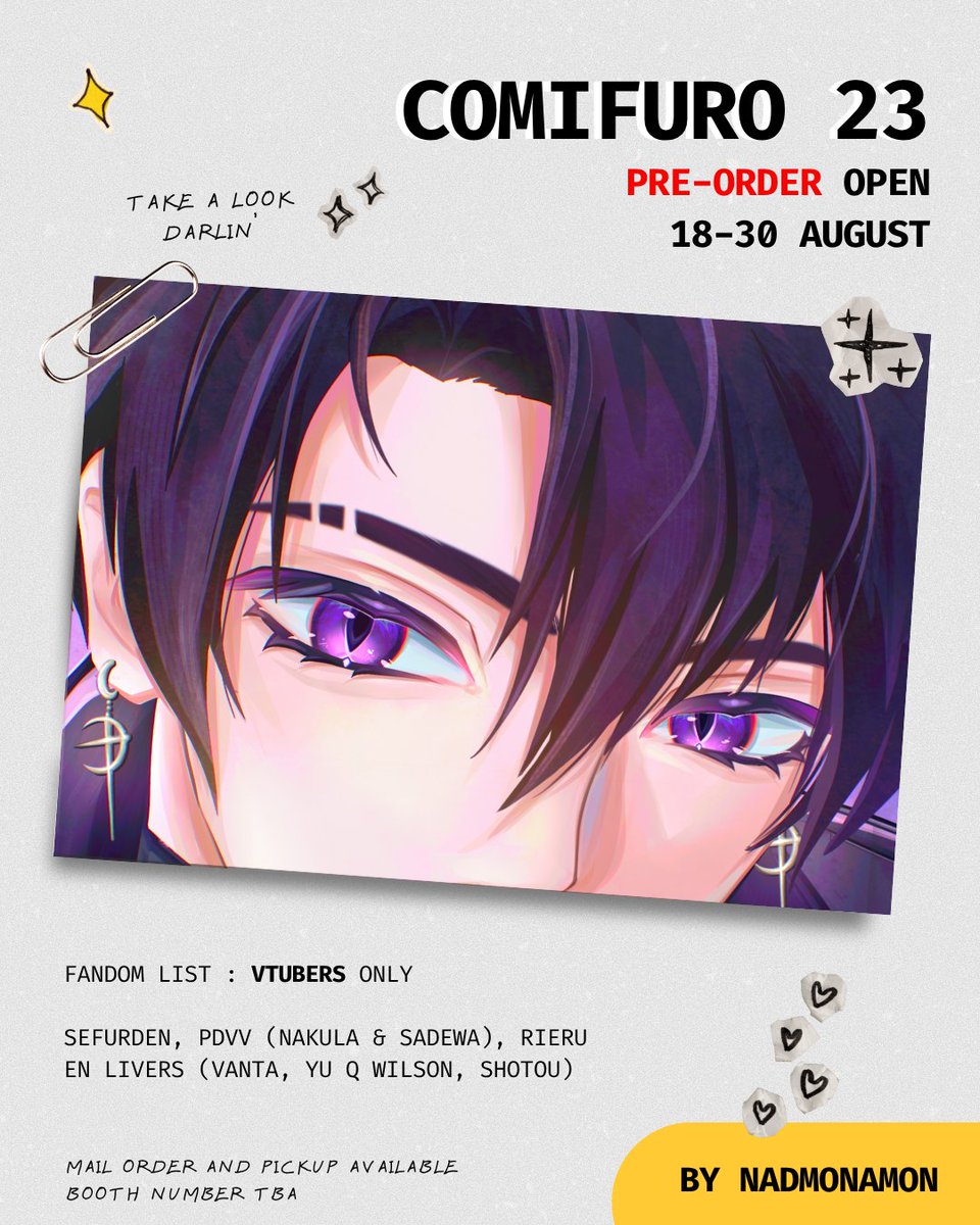nadmonamon's tweet photo. [♡ &amp; ↻ are appreciated!]

Nadmonamon's #Comifuro23 PO is open!

🗓️ 18-31 August 2026
🛒 Pick up BOTH DAYS &amp; Mail Order
📍 Kodok Disko (booth TBA) 
🔗 GA &amp; Form in rep 
✨Vtubers that I watch (Sefurden, PDVV, NIJI EN, Indie ID &amp; EN) 

#cf23catalogue #Comifuro23Catalogue #CF23 https://t.co/8mfRWXpjCS