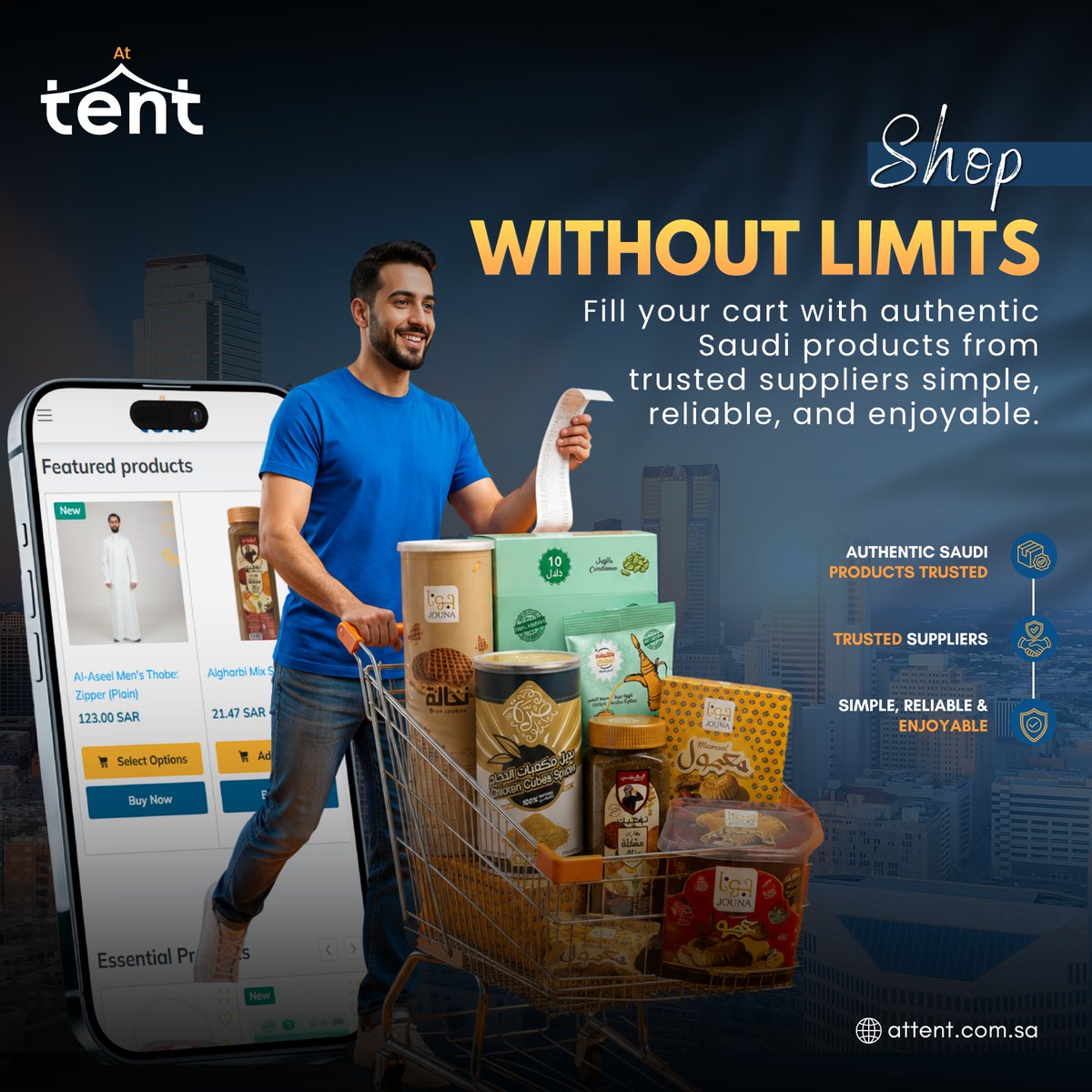 AtTent_sa's tweet photo. Shop without limits. 🛒

Fill your cart with authentic Saudi products from trusted suppliers on AtTent.

Shop now: https://t.co/L7fs3iou89

#AtTent #SaudiProducts #MadeInSaudi #OnlineShopping https://t.co/mC5qjVd8Y6