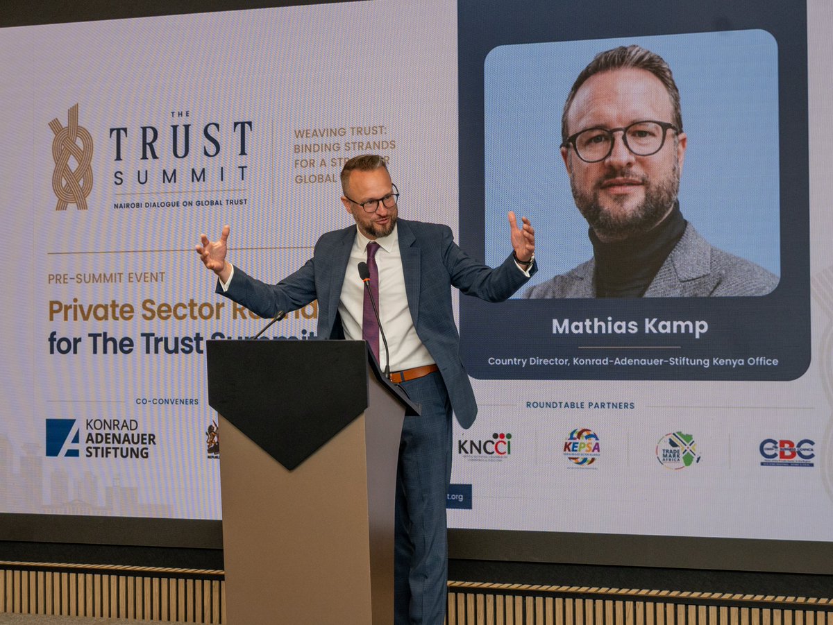 GTSummit2026's tweet photo. Trust is the ultimate investment multiplier. Clear policy, stable regulations, and accountable regulators turn market potential into actual deal flow. ~ Mr. Mathias Kamp, Country Director @KAS_Kenya
#TheTrustSummit #TrustSummit26 #WeavingTrust https://t.co/JxYtI0bg6T