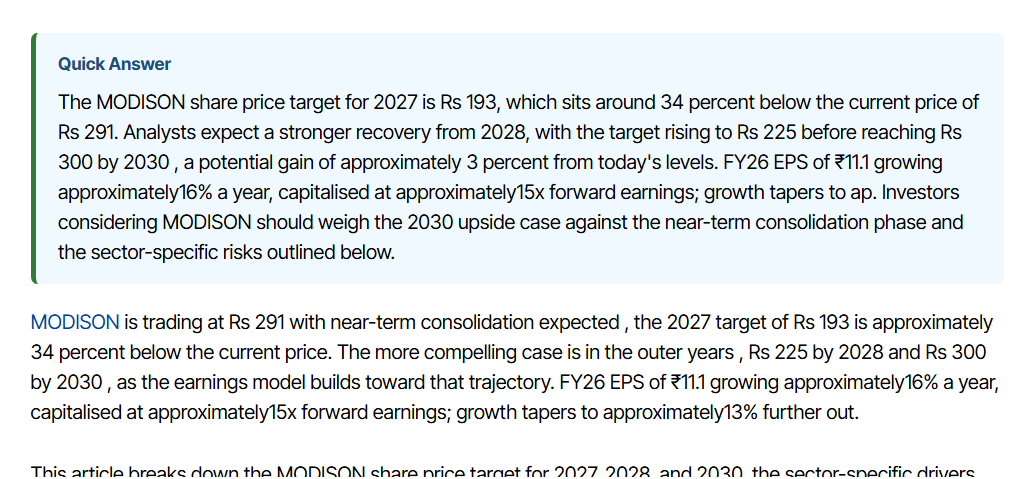 TA_Purvesh's tweet photo. @UnivestIN your report dated 17 Aug used ₹291 CMP when #MODISON was already near ₹356 and your 2030 bull case is ₹384. which as per me will hit tomorrow on 19th aug 2026.
My system found it around ₹280.
For me, ₹380 is not a target. It’s confirmation.
2 weeks above ₹380 = base case ₹500.
That’s the difference between analysing a move and building a system that sees it early. 🙂
You are analysing why it moved.
My engine was tracking why it could move before it moved.
Anyone can write a report after attention arrives.
Building an engine that identifies such changes before consensus notices them is a completely different game.
You may be #1 as per your claim.
But those who understand the difference between a content business and a real research edge won’t need this explained twice.
Analysts are scalable with hiring.
A genuine system moat is not.
the best decision you took is to follow good stock analysts..... :)