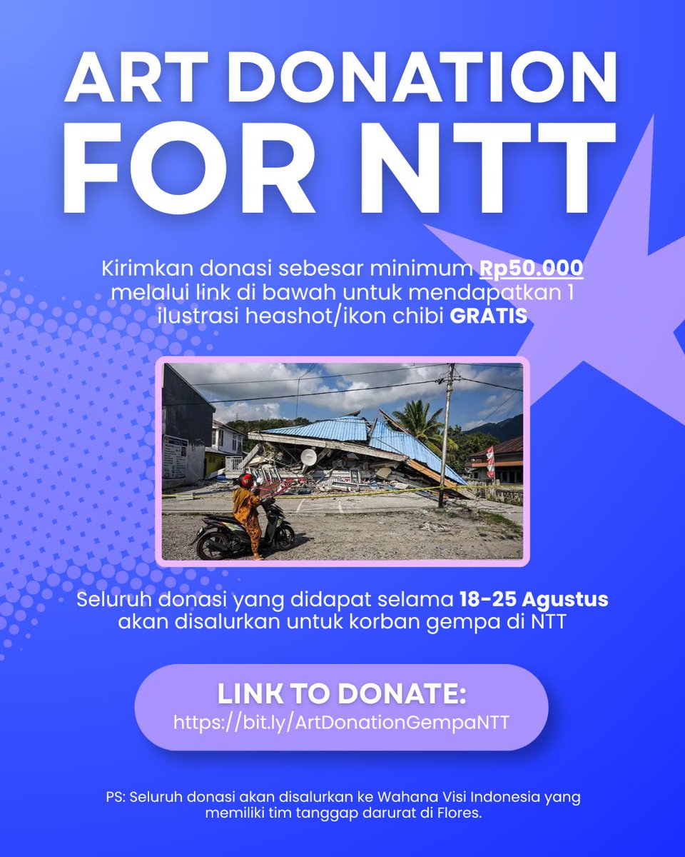 guraamae's tweet photo. [🩷 &amp; rts appreciated]

Halo, teman-teman!
Kami membuka Art Donation yang 100% hasilnya akan didonasikan kepada korban terdampak gempa di NTT. Donasi bisa dilakukan melalui 

🔗 https://t.co/38v4MHN6wf

📅 Batas penerimaan Donasi : 25 Agustus 2026!

#PrayForNTT #PrayForFlores https://t.co/POPGSRCuKu