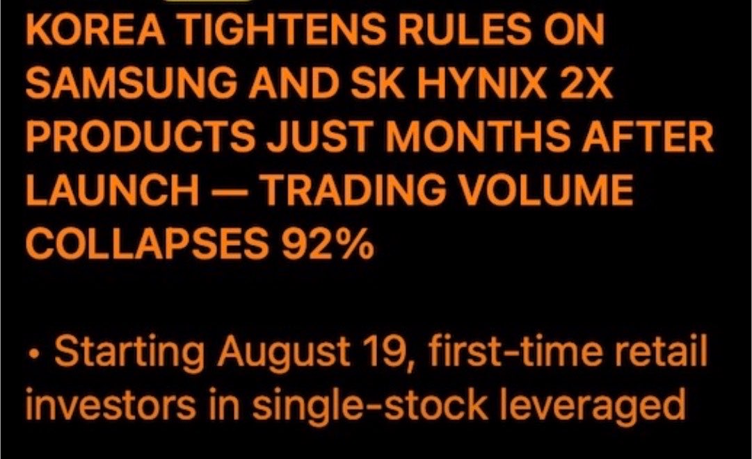 RealNickMugalli's tweet photo. The KOSPI ended the day lower as the Korean govt has announced first time retail investors need a 5-day/5-hour simulated trading mandate starting August 19 on top of a ₩30M (~$21K) cash deposit rule effectively locks out the retail wave that drove single stock derivative volumes.

A 92%+ trading volume collapse—from $8.82B down to $667M in days…