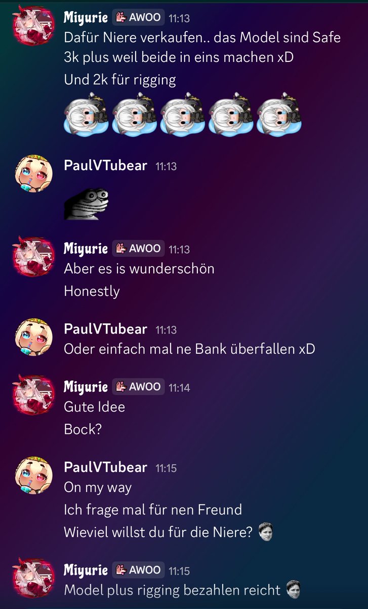 MiyurieVT's tweet photo. Ich mag unsere Konversationen. Einfach auf einem Nenner. 
Danke @PaulVTubear ich weiß jetzt auf wen ich mich verlassen kann. 🫡 

Nur als reminder für manche weirdos die scherze nicht verstehen: NEIN Paul und ich werden KEINE Bank überfallen - Das war ein Scherz. 🫡❤️ https://t.co/GRXfX85qfP