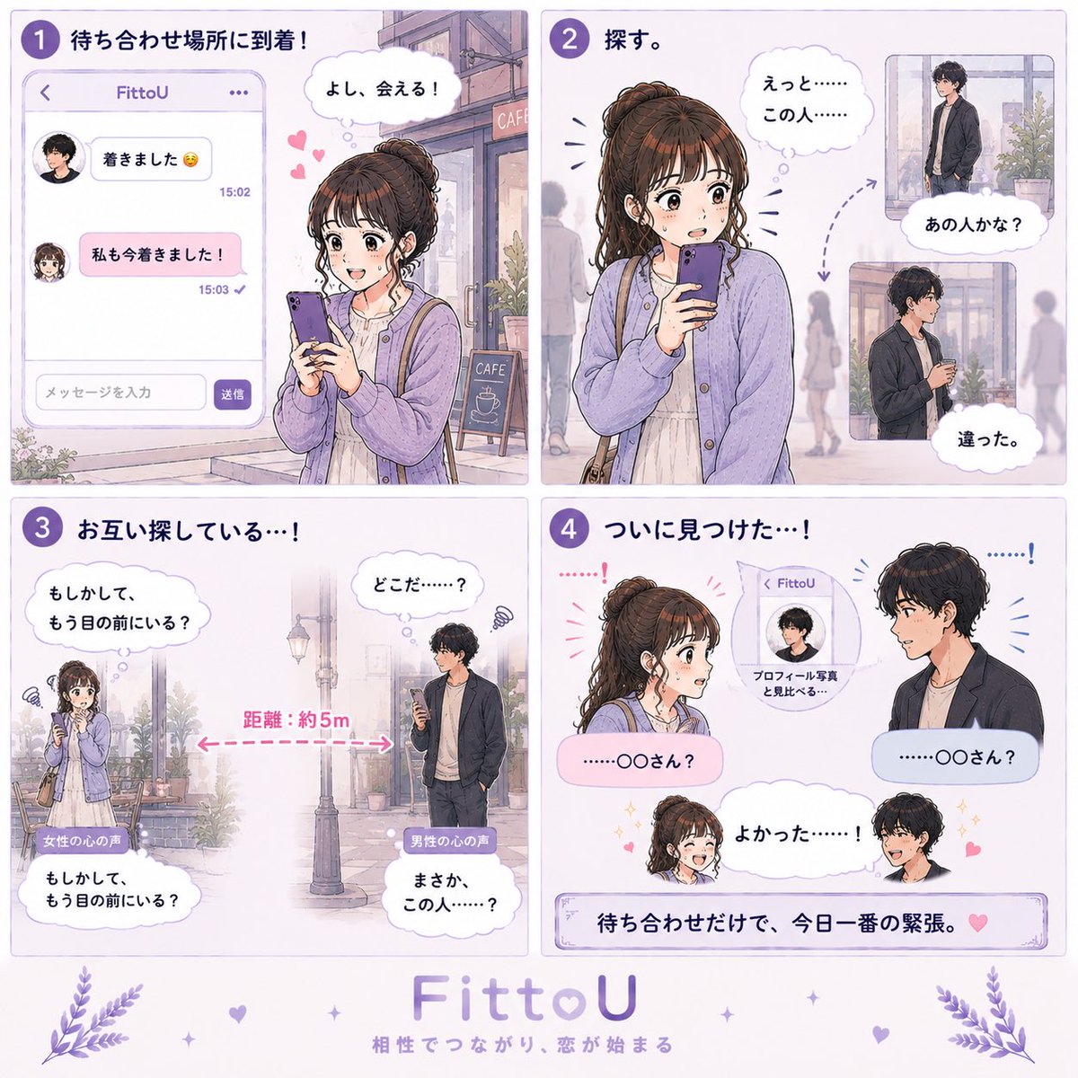 FittoU's tweet photo. 【マッチングアプリあ���ある】

「着きました！」

「私も着きました！」

……。

どこにいる？？？

#FittoU #マッチングアプリ #恋愛 #初デート #待ち合わせ https://t.co/qTgL7PwGwE