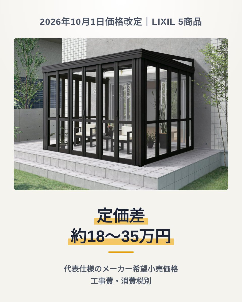 kokennet's tweet photo. サンルーム系5商品、メーカー希望小売価格の差は代表仕様・税別で約18万〜35万円。
ただし、工事費込みの総額が一律20％上がる意味ではなく、定価差がそのまま支払額の差にもなりません。

#サンルーム #価格改定 https://t.co/BmElP169hh
