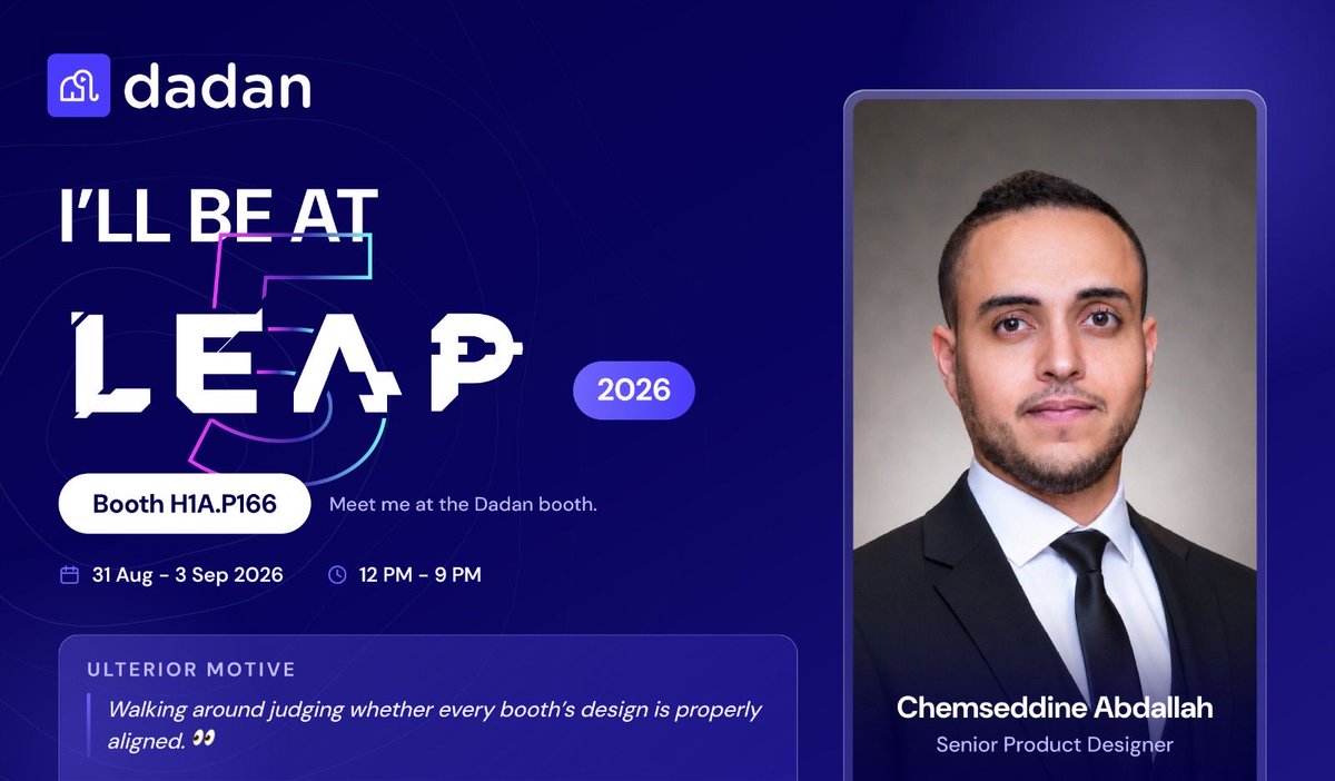 chemsabd's tweet photo. I’m heading to @LEAPandInnovate 2026 with the dadan team! 💜🐘
If you’re going to be there too, come say hi, check out what we’ve been building at dadan, or just stop by for a chat. 👋
 
See you at LEAP!

#LEAP26 #oneLEAPaway #dadan #Riyadh #SaudiArabia #Tech https://t.co/xz2eU1ZwlT