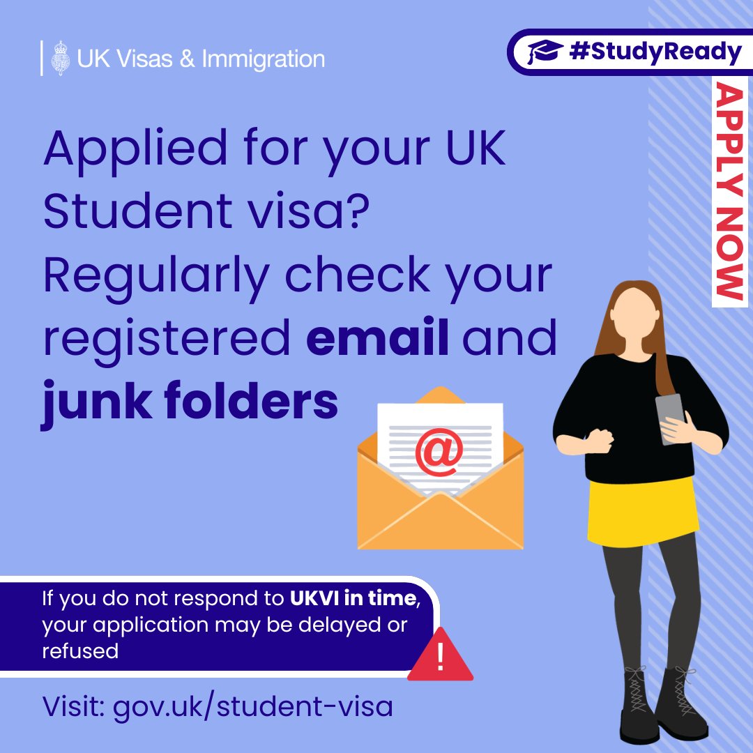 npBritish's tweet photo. After applying for your UK Student visa, check your inbox AND junk folder! 📩 UKVI may email for more information, and missing it could delay your decision. Applied through an agent? Ask them to check too!

Details:https://t.co/OyOwh2XbHq
#StudyReady https://t.co/7dgAKVZAZF
