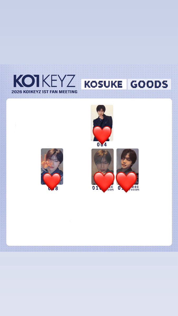 mnskc_'s tweet photo. KO1KEYZ ファンミ　トレカ　交換

譲］画像　（飯塚002、後藤009、杉山007）＋後藤011（7000円）

求］❤️照井（004、008、010、011）

9/9手渡し希望です。
お気軽にお声掛けください🙇🏻‍♀️ https://t.co/LK2n7313xR