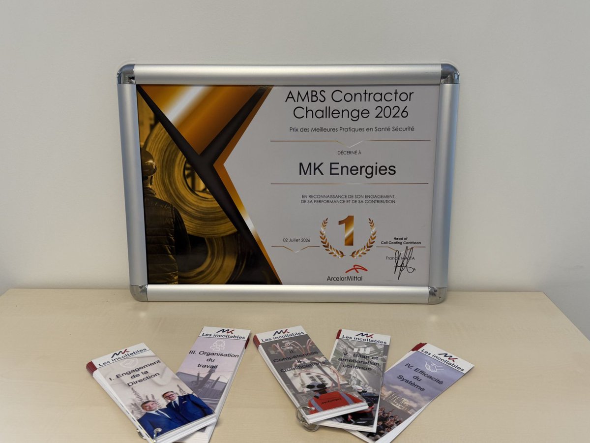 MKEnergies's tweet photo. 🏆 Courant juillet, MK Energies Saint-Dizier s'est vu remettre par ArcelorMittal le 1er prix de l’AMBS Contractor Challenge 2026, catégorie "Meilleures Pratiques en Santé &amp; Sécurité"...https://t.co/vdq73sIJlg https://t.co/2BGaGrXHVt