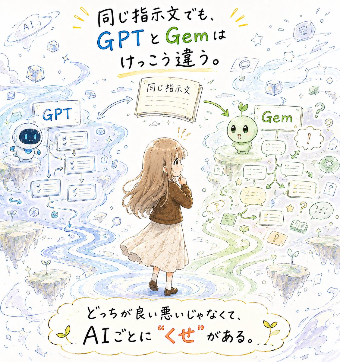 dine_toss's tweet photo. 同じ指示文なら、GPTでもGemでも同じように動くと思ってた。
でも使ってみると、けっこう違う。
Gemは補足を足しすぎたり、ひとつの指示を強く拾って別のルールが弱くなったりする。
どっちが良い悪いじゃなくて、AIごとに“癖”があるんだなって思った。

＃GPT　＃Gem　＃AI活用 https://t.co/M1CvOwckJ0