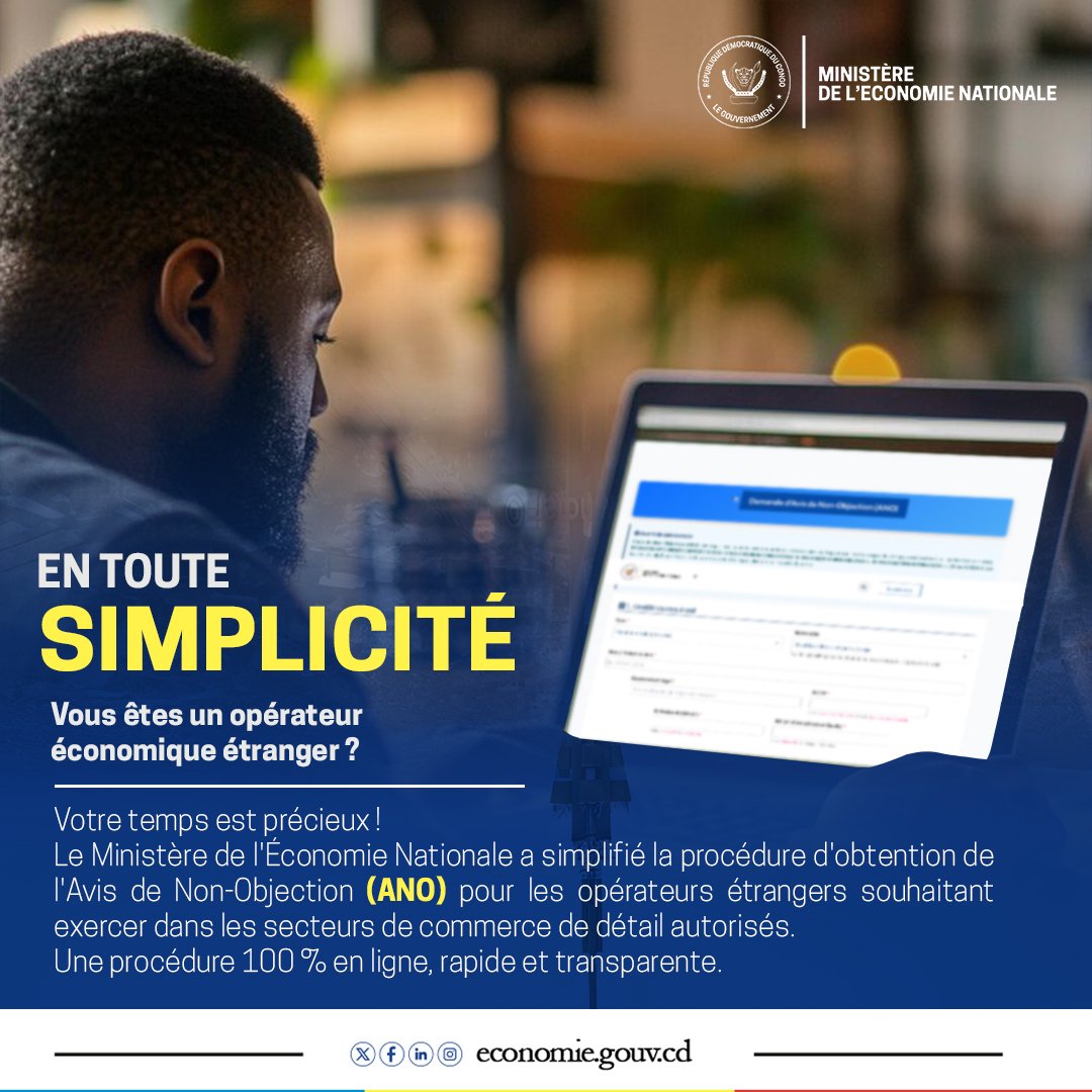 EricKeleka's tweet photo. 🛑#RDC : Le Ministère de l’Économie Nationale digitalise la procédure d’obtention de l’Avis de Non-Objection (ANO).
@DMukokoSamba https://t.co/ykxyv0AqTy