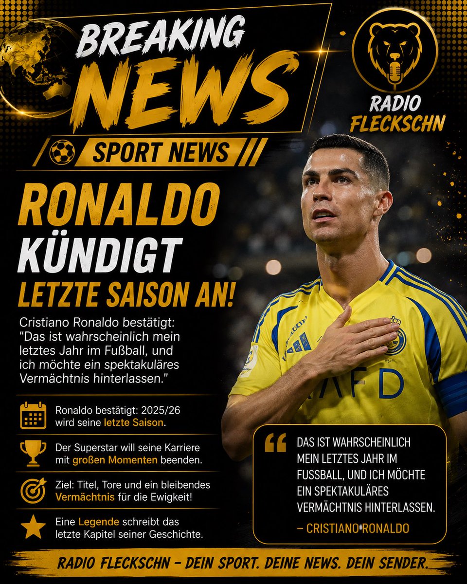 Radio_fleckschn's tweet photo. ⚽🔥 SPORT NEWS | RADIO FLECKSCHN

Cristiano Ronaldo deutet das Ende seiner außergewöhnlichen Fußballkarriere an. 🇵🇹

Nach eigenen Worten könnte die kommende Saison seine letzte sein. Der Superstar möchte seine Karriere mit großen Momenten beenden und ein bleibendes. https://t.co/8e3pQgHTAz