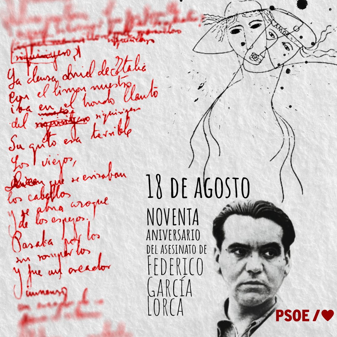 PSOE's tweet photo. Hace 90 años asesinaron a Federico García Lorca por lo que representaba: la cultura, la libertad y una España que se negaba a vivir bajo el miedo y el silencio.

Su voz sigue viva frente a quienes todavía pretenden blanquear la dictadura y borrar nuestra memoria democrática.

Recordar a Lorca es defender la libertad. Y la democracia también se defiende haciendo memoria. 🌹