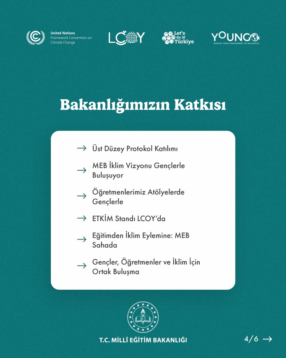 meb_dhgm's tweet photo. Gençlerimizin iklim sesi COP31 yolunda yükseliyor! 🌍

LCOY Türkiye 2026’da öğretmenlerimizle birlikte gençlerin yanındayız. 🌱

9-20 Kasım 2026'da Antalya'da düzenlenecek COP31'e giden yolda; Türkiye'nin dört bir yanından 300 genç, 21-23 Ağustos'ta Ankara'da iklimin geleceği için bir araya geliyor.

Eğitim ve iklim kesişiminde; gençlerin bilgi, beceri ve karar alma süreçlerine katılımını güçlendiren bu değerli buluşmanın bir parçası olmaktan gurur duyuyoruz.

📍 Ankara, TOBB İkiz Kuleler
🗓 21–23 Ağustos 2026

#LCOY2026 #COP31

@tcmeb @Yusuf__Tekin @omurfatih