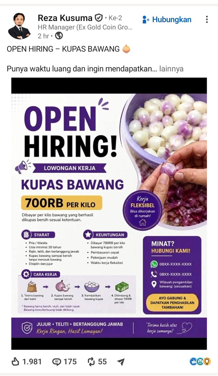 IDNInsight's tweet photo. 🚨Perhitungan gaji (penghasilan bruto) dan estimasi PPh 21 berdasarkan data Anda, dengan koreksi perhitungan volume untuk pekerjaan kupas bawang. 

1. Perhitungan penghasilan bruto
Tarif: Rp700.000/kg.
- Produksi per hari: 8 kg → penghasilan - Harian = 8 × Rp700.000 = Rp5.600.000.
- Hari kerja: 25 hari/bulan.
- Volume bulanan yang benar: 8 kg × 25 hari = 200 kg (bukan 75 kg; 8 × 25 = 200).
- Penghasilan bruto bulanan= 200 kg × Rp700.000 = Rp140.000.000
Jika setahun penuh (12 bulan): Rp1.680.000.000.

2. Status pekerjaan & aturan PPh 21 yang relevan
Pekerjaan “kupas bawang” dengan upah satuan/borongan biasanya digolongkan sebagai pegawai tidak tetap (upah satuan/borongan) menurut PMK 168/2023 (turunan PP 58/2023).

Karena angka harian Anda (Rp5,6 juta) jauh di atas Rp2,5 juta dan volume bulanan sangat tinggi, perhitungan paling relevan adalah pendekatan pegawai tetap / TER bulanan + rekonsiliasi akhir tahun dengan tarif progresif, atau pendekatan pegawai tidak tetap dengan DPP 50%. Saya berikan keduanya secara transparan. Asumsi, Anda punya NPWP, status TK/0 (tidak kawin, tanpa tanggungan) → PTKP Rp54.000.000/tahun, Kategori TER A.

PTKP 2026 (masih sama):
TK/0: Rp54 juta/tahun
Tambahan kawin: +Rp4,5 juta
Per tanggungan (maks. 3),+Rp4,5 juta masing-masing

Tarif progresif Pasal 17 (untuk perhitungan tahunan / masa pajak terakhir):
- 0 – 60 juta: 5%
- 60 – 250 juta: 15%
- 250 – 500 juta: 25%
- 500 juta – 5 miliar: 30%
- 5 miliar: 35%

3. Perhitungan tahunan lengkap (metode progresif – lebih akurat untuk total pajak)
- Bruto setahun: Rp1.680.000.000
- Biaya jabatan: 5% × bruto, maksimal Rp6.000.000
- Penghasilan neto: Rp1.680.000.000 − Rp6.000.000 = Rp1.674.000.000
- PTKP (TK/0): Rp54.000.000
- PKP: Rp1.674.000.000 − Rp54.000.000 = Rp1.620.000.000

PPh 21 setahun:
- 5% × Rp60.000.000 = Rp3.000.000
- 15% × Rp190.000.000 = Rp28.500.000
- 25% × Rp250.000.000 = Rp62.500.000
- 30% × Rp1.120.000.000 = Rp336.000.000
- Total PPh 21 setahun ≈ Rp430.000.000
- Rata-rata bulanan ≈ Rp35.833.000 (mendekati TER 26%).

Jika status kawin + tanggungan (Kategori B/C), TER sedikit lebih rendah dan PTKP lebih tinggi, sehingga pajak sedikit berkurang.

4. Alternatif jika diperlakukan murni sebagai upah borongan harian (DPP 50%)
DPP harian = 50% × Rp5.600.000 = Rp2.800.000
Tarif lapisan terendah 5% × Rp2.800.000 = Rp140.000/hari
25 hari × Rp140.000 = Rp3.500.000/bulan (ini sangat rendah dan biasanya hanya berlaku jika tidak kumulatif tinggi; untuk penghasilan besar seperti ini, pemberi kerja biasanya tetap menggunakan pendekatan yang lebih mendekati progresif/TER).

Catatan penting,
- Pemberi kerja wajib memotong, menyetor, dan membuat bukti potong (Bupot).
- Jika tidak punya NPWP, tarif naik 20% (menjadi 120% dari tarif normal).
Ada kemungkinan insentif PPh 21 Ditanggung Pemerintah (DTP) 2026 untuk sektor tertentu & penghasilan ≤ Rp10 juta/bulan, tidak berlaku di sini karena angka jauh di atas.
- Perhitungan ini adalah estimasi berdasarkan peraturan yang berlaku (PP 58/2023, PMK 168/2023, UU HPP). Untuk angka pasti, sesuaikan status PTKP, apakah ada iuran pensiun/BPJS, zakat, atau penghasilan lain, dan konsultasikan ke konsultan pajak atau KPP karena kasus borongan tinggi bisa memiliki detail administrasi khusus.

Jika Anda berikan status pernikahan/tanggungan, cara pembayaran (harian/mingguan/bulanan), atau apakah ada BPJS, saya bisa hitung ulang lebih presisi.