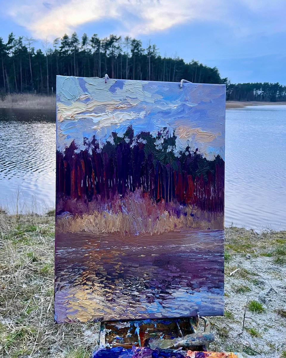 rossitayrodri's tweet photo. The evening at the forest lake was overcast, with clouds parting briefly as sunlight gilded the waves. “Gilded Moments: An Evening at the Forest Lake” 
Oil on canvas, 70 x 50 cm https://t.co/vxF37Nw0Qc