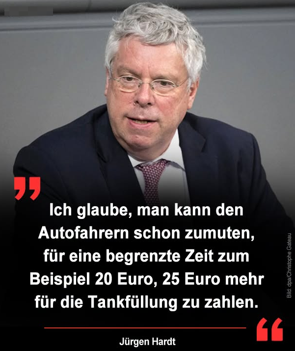 DirtyHarry_tv's tweet photo. Vor den anstehenden Wahlen sollten CDU-Wähler nicht vergessen:

Der CDU-Politiker Jürgen Hardt hielt vorübergehend höhere Tankkosten für  Autofahrer für vertretbar. „Ich glaube, man kann den Autofahrern schon  zumuten, für eine begrenzte Zeit zum Beispiel 20 Euro, 25 Euro mehr für  die Tankfüllung zu zahlen“, erklärte er. Die Mehrkosten seien zwar  unangenehm, erforderten seiner Ansicht nach jedoch nicht sofort  staatliche Gegenmaßnahmen.