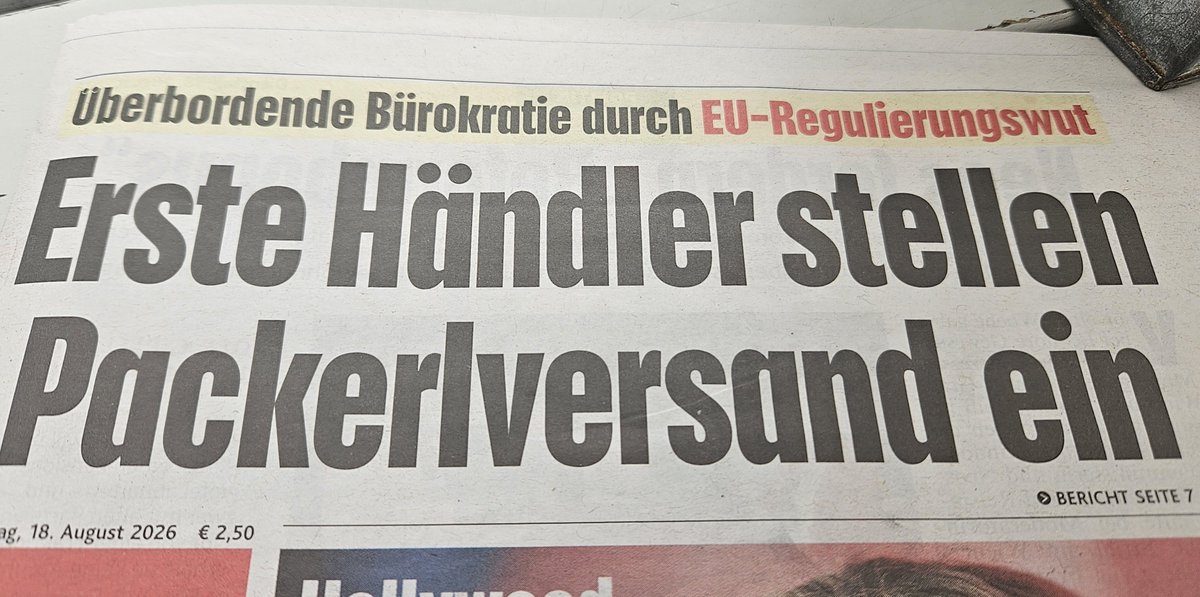 kaeferboeck's tweet photo. 🇦🇹 Überbordernde Bürokratie durch EU Regulierung

"So verdient man kein Geld. Wir müssen arbeiten"

Und damit es nicht so fad  ist, fügt  unsere Regierung noch einmal eine 2 Euro Regel hinzu.

Nicht wundern, wenn die Teuerung anstelle zu sinken, noch größer wird.

In meinen Augen muss das Absicht  sein. In Zeiten von Rezession,  würde wohl kein Ökonom die Transport 
und Versandkosten erhöhen.

Die Europäische Union  ist kein Staat. Es ist nur ein Vertrag

Kündigt ihn endlich, bevor es zu spät ist ❗️

@vonderleyen #öxit #patriot #patriots #fpö #orf #zib #zib1 #zib2