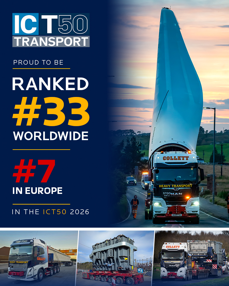 CollettLtd's tweet photo. Collett has ranked #33 worldwide and #7 in Europe in the 2026 IC Transport 50.

The ICT50 ranks the world's largest specialised transport companies and reflects the continued investment in our specialist fleet and the range of equipment we operate. https://t.co/7472UdPidp