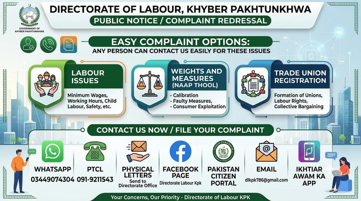 Director_Labour's tweet photo. Public Notice &amp; Complaint Redressal 

Directorate of Labour, Khyber Pakhtunkhwa https://t.co/MtMw9r73VH