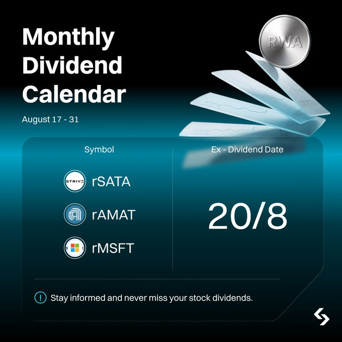 BitgetPak's tweet photo. Two days to go! 👀

 rMSFT is approaching its ex-dividend date, with rSATA and rAMAT also going ex-div on Aug 20. 

Miss the deadline, miss the dividend window. https://t.co/jdeaChgIp3