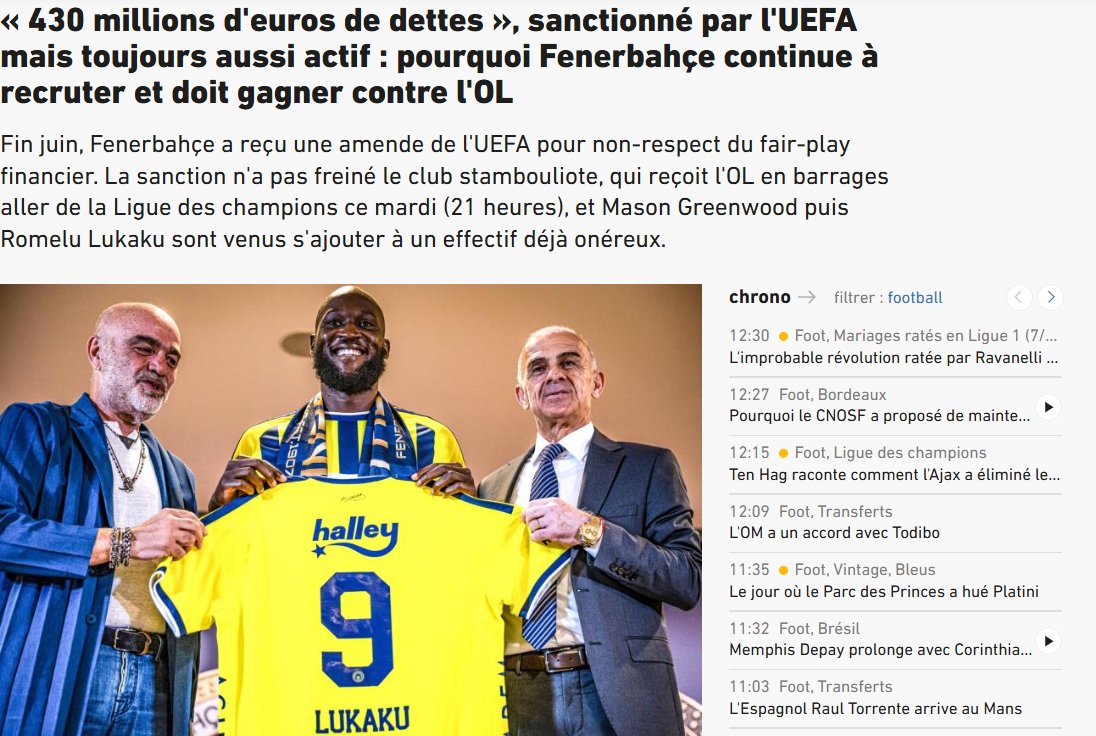 futbolarena's tweet photo. L'Equipe: "430 milyon euro borcu olan, UEFA tarafından cezalandırılan ancak transferlere devam eden Fenerbahçe, Lyon karşısında kazanmak zorunda." https://t.co/xE0vD1VE0q