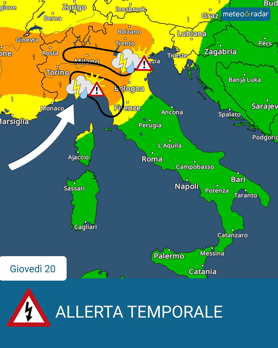 meteoeradar's tweet photo. Il tempo sulle regioni settentrionali si agita. A partire da giovedì crescerà il rischio di temporali intensi! ⛈️⚠️

Scopri di più: ➡️ https://t.co/MrNTVvR5ka https://t.co/HOtFYJYImi