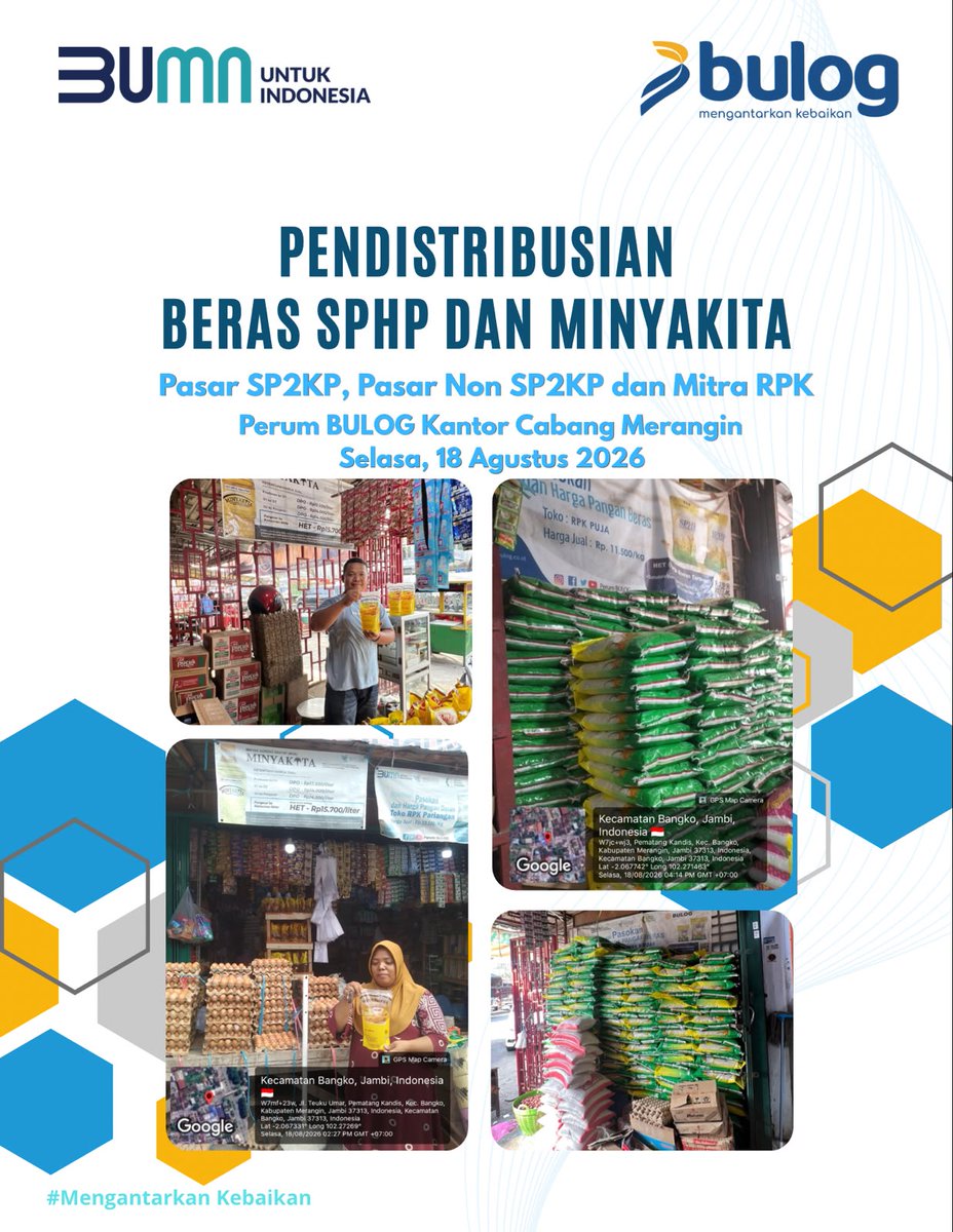 Bulog_Sarko's tweet photo. Pendistirbusian Beras SPHP dan Minyakita di Pasar SP2KP, Non SP2KP dan Mitra RPK selasa 18 Agustus 2026.
Perum BULOG Kantor Cabang Merangin. https://t.co/UE2zOqoGD2
