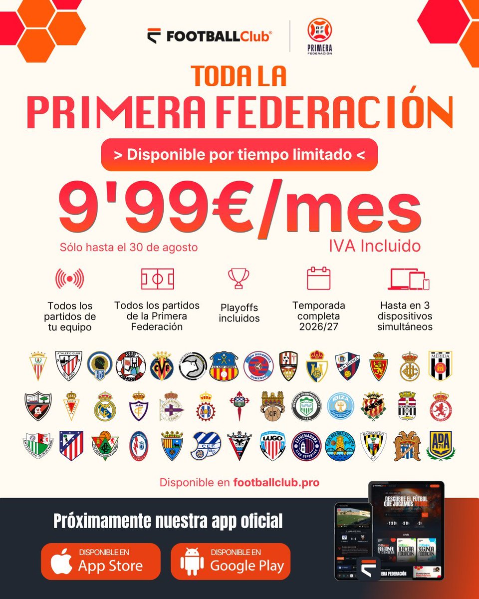GolSinVAR's tweet photo. Interesante propuesta de @FootballClub para ver el fútbol de Primera RFEF por 9'99€ al mes.

Con esto, se suma también al paquete de 74'99€ anuales.

Todo, en 3 dispositivos con playoffs incluidos.

Sigo diciendo que no hay necesidad de piratear con la de facilidades que están dando.