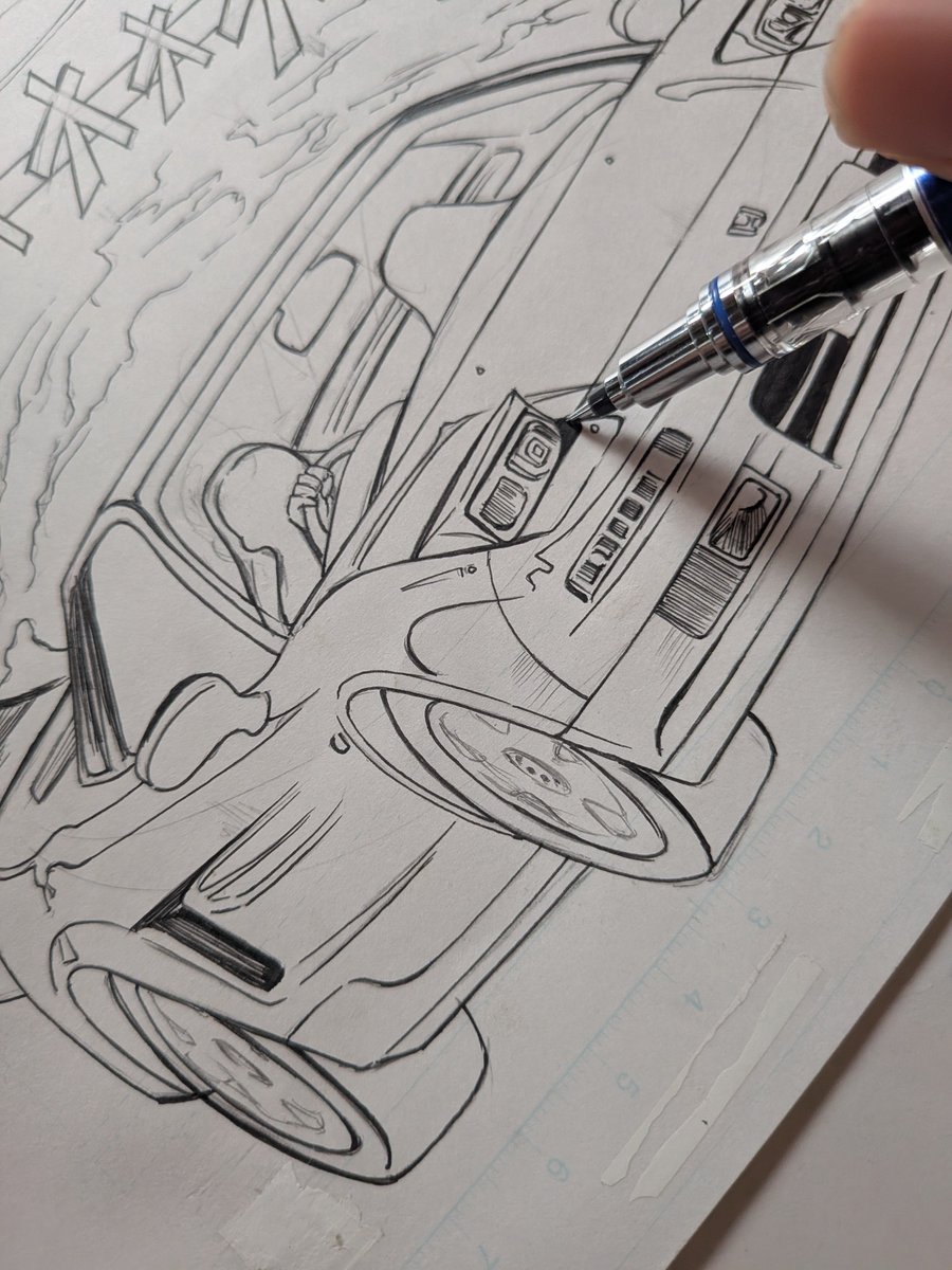 rene_msq's tweet photo. 世界一涼拓を描けない涼拓本原稿である
（車を描く力だけがメキメキ育ちました） https://t.co/jM12OWAle0