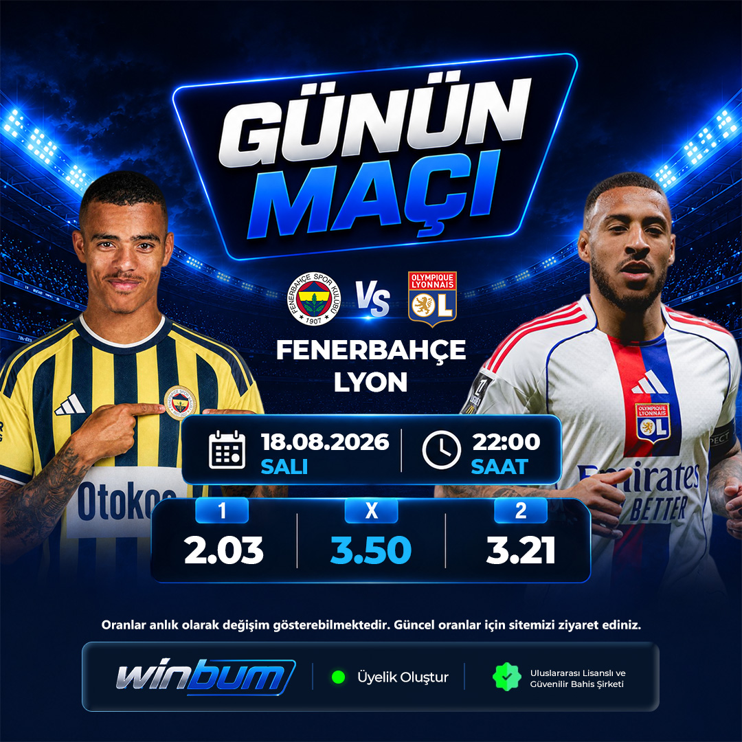 winbumtr's tweet photo. 🔥 GÜNÜN MAÇI: FENERBAHÇE 🆚 LYON

Dev mücadelede heyecan bu akşam 22.00’de başlıyor! ⚽

📊 Maç Önü Oranları
1️⃣ Fenerbahçe: 2.03
❌ Beraberlik: 3.50
2️⃣ Lyon: 3.21
⚡ Oranını seç, maç heyecanını Winbum’da yaşa!
🔗 https://t.co/aegi0NMtTO
#Fenerbahçe #Lyon #GününMaçı #Winbum #Futbol