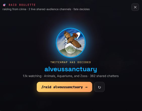 twitchmap's tweet photo. 🎯 RAID ROULETTE just hit twitchmap!

Open your streamer card and the map shows which channels YOUR chatters also chat in that are LIVE right now... aka your perfect raid targets. Can't pick? Hit "let twitchmap decide" and a wheel of fate spins your live connections for 10 suspenseful seconds 🎰

Winner revealed with your /raid command ready to paste straight into chat 🎊

We spun @cinnabrit's card and the map sent her to @AlveusSanctuary 🦅 the chatters have spoken

Also tonight:
⚡ Performance mode - one toggle strips the heavy effects so the map runs smooth on ANY device. It'll even offer itself if it notices your device struggling
🌌 Live constellation - tap the "streaming now" stat and the map goes dark... only who's LIVE glows, connected by live-to-live threads
🕐 Offline streamers now show when they were last online and what they were streaming
