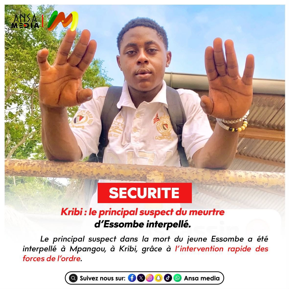 AnsaMedia237's tweet photo. Kribi : le principal suspect du meurtre d’Essombe interpellé.
Lire la suite l’article ici : https://t.co/nqOjRCYIyD
#AnsaMedia #Kribi https://t.co/2cPGczOOtL