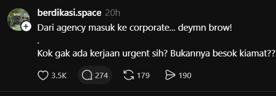 txtkarir's tweet photo. kerja di agency separah itu ya?😂 https://t.co/qt97nVhLee