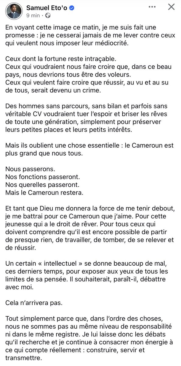 Noir123R's tweet photo. Samuel Eto’o 🇨🇲💯

À lire et à relire. 👌🏾

#cameroun https://t.co/lSk2Oph4zv