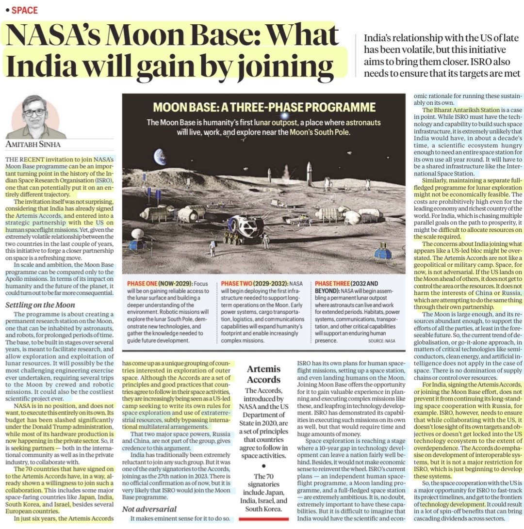 imRavikantYadav's tweet photo. NASA's Moon base: What India will gain by joining
:An informative article by Sh Amitabh Sinha
#NASA #ISRO
#MoonBase
#MoonBaseProgram
#LunarOutpost #Moon #SouthPole
#ArtemisAccord
#India #USA #StrategicPartnership #SpaceExploration
#China #Russia
#Space
#UPSC
Source: IE https://t.co/vQY6MXtCek