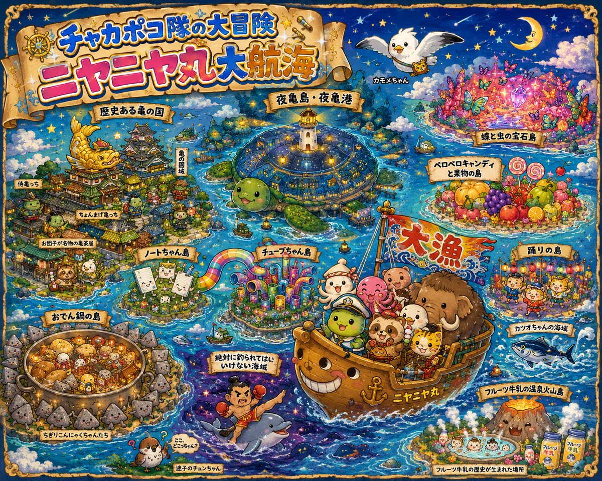 gnirpsspri18024's tweet photo. チャカポコ隊の大冒険、ニヤニヤ丸大航海🌊
これまで旅してきた島々や海域、思い出の場所を詰め込んだ大航海図です。夜亀島を中心に、過去・現在・これからの冒険がひとつにつながる、チャカポコ世界の宝物🗺️✨

#AIイラスト #イラスト好きな人と繋がりたい #AIと創作 https://t.co/3xfalQjs9f