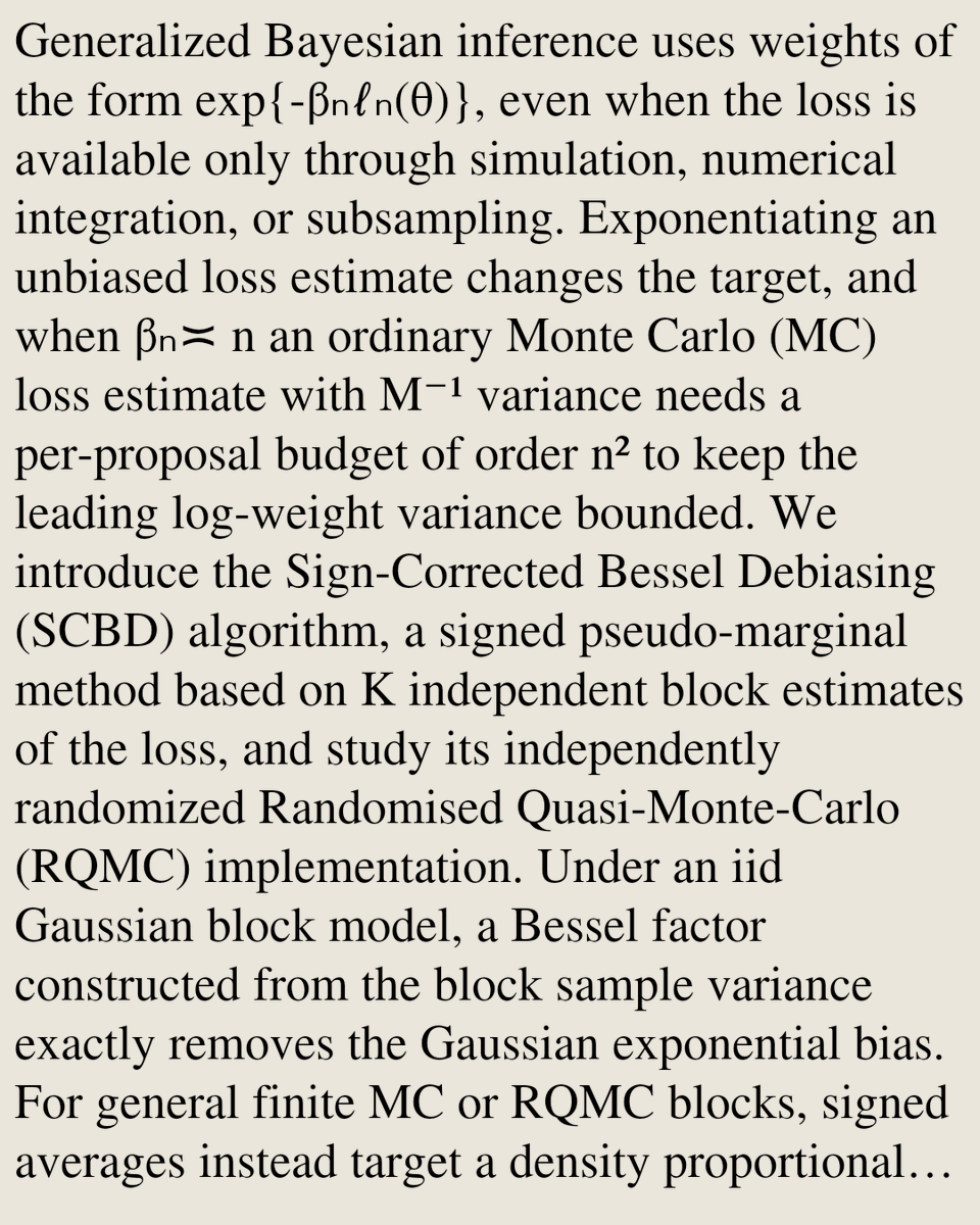 StatisticsCO's tweet photo. Bessel-Debiased Pseudo-Marginal MCMC for Generalised Bayesian Inference

Yingkai Lu, Jeong Eun Lee, Geoff K. Nicholls
https://t.co/YISAHF3jpR [𝚜𝚝𝚊𝚝.𝙲𝙾 𝚜𝚝𝚊𝚝.𝙼𝙴] https://t.co/oag88JzscR