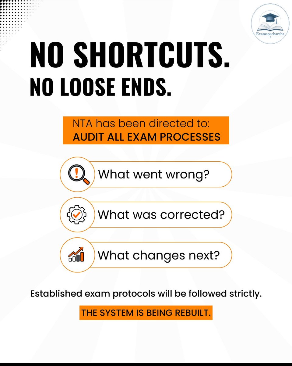 examspecharcha's tweet photo. NTA is resetting the exam system. 🔄

Following recent issues, major changes are being put in motion - from new leadership and specialised expertise to a complete overhaul of exam security and processes.

Swipe through for the full breakdown. ➡️

#NTA #UgcNet2026 #ExamReforms https://t.co/lPotLiPxXz