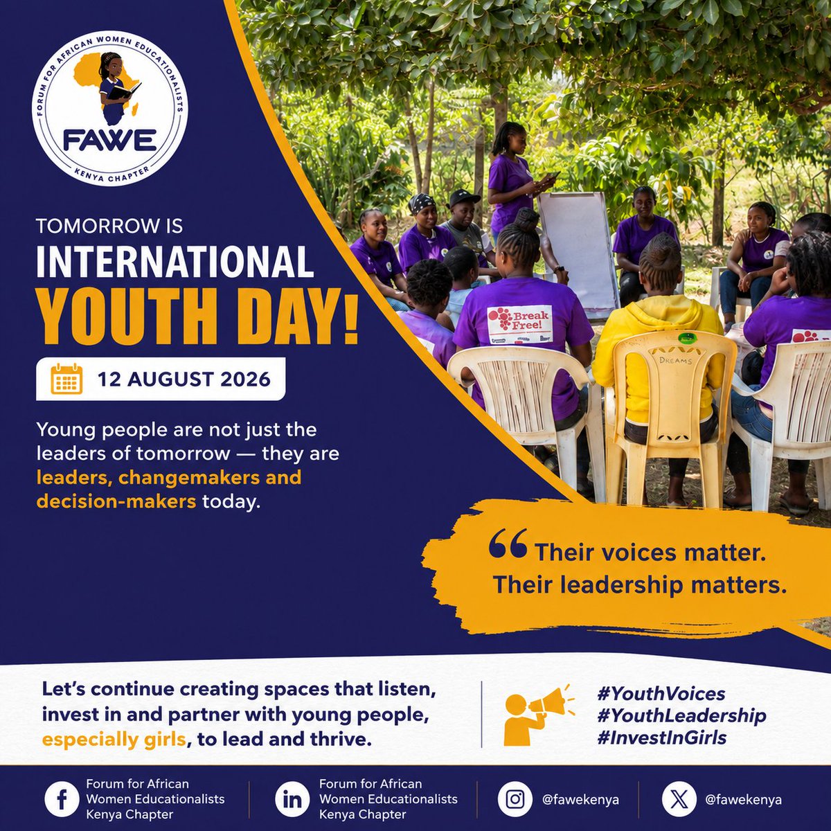 fawekenya's tweet photo. As we mark International Youth Day tomorrow, we ask?

Are we creating enough spaces for young people especially girls to be heard, included and empowered to lead? https://t.co/N4Vv7cMG6d