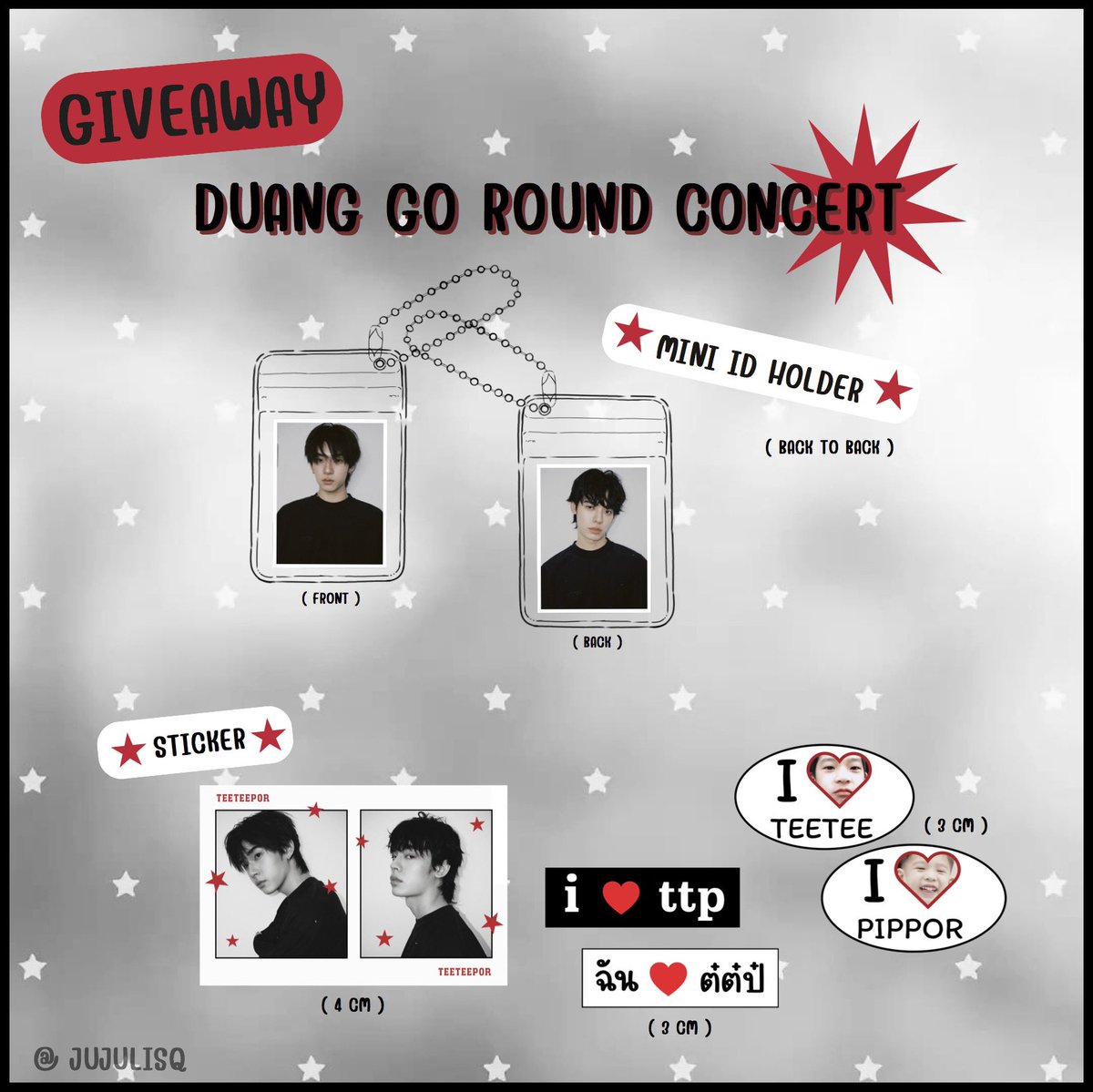 jujulisq's tweet photo. ★━━━━ GIVEAWAY ━━━━ ★

DUANG GO ROUND CONCERT

✦ PLEASE KINDLY RT ✦

ONLY 30 SETS!!

── ★ 1 SET INCLUDES ★ ──

▸ MINI ID HOLDER × 1
▸ DIE-CUT STICKER × 5

★ DATE : 16 AUG
★ TIME : TBA

★━━━━━━━━━━━━━━★
#DuangGoRoundConcert
#เจอด้วงที่อิมแพคนะเธอ
★━━━━━━━━━━━━━━★