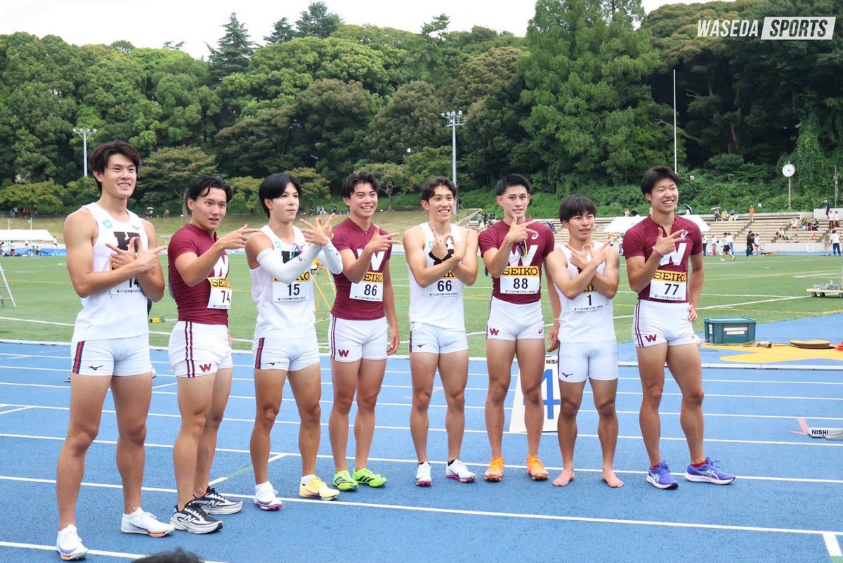 waseda_sports's tweet photo. [陸上競技]早慶対抗陸上競技会
▽対抗女子４×100メートルリレー

早大 （谷中－河野－山本－髙津）　46秒97（１着）

▽対抗男子４×200メートルリレー

早大 （関口－髙須－若菜－森田）　１分21秒93（１着）

#sousupokyoso #waseda #早稲田 #早慶対抗陸上競技会 #臙脂で染めろ #覇者で在れ https://t.co/UXxLItzBRw