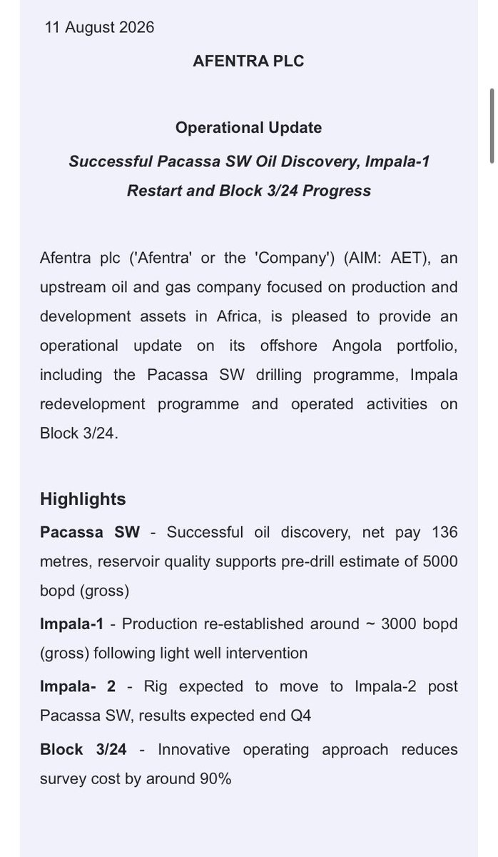Subsurface_EQ's tweet photo. If carlsberg did RNS… 

Significant discovery at Pacassa-SW✅ 
Successful workover on Impassa-1 ✅ 
Positive survey at GPQ ✅ 
Rig on the move to Impassa-2 ✅ 

Should result in development of 70m barrels gross at Pacassa.

Massive for Afentra #AET #UKStocks https://t.co/orVBz7WvDR