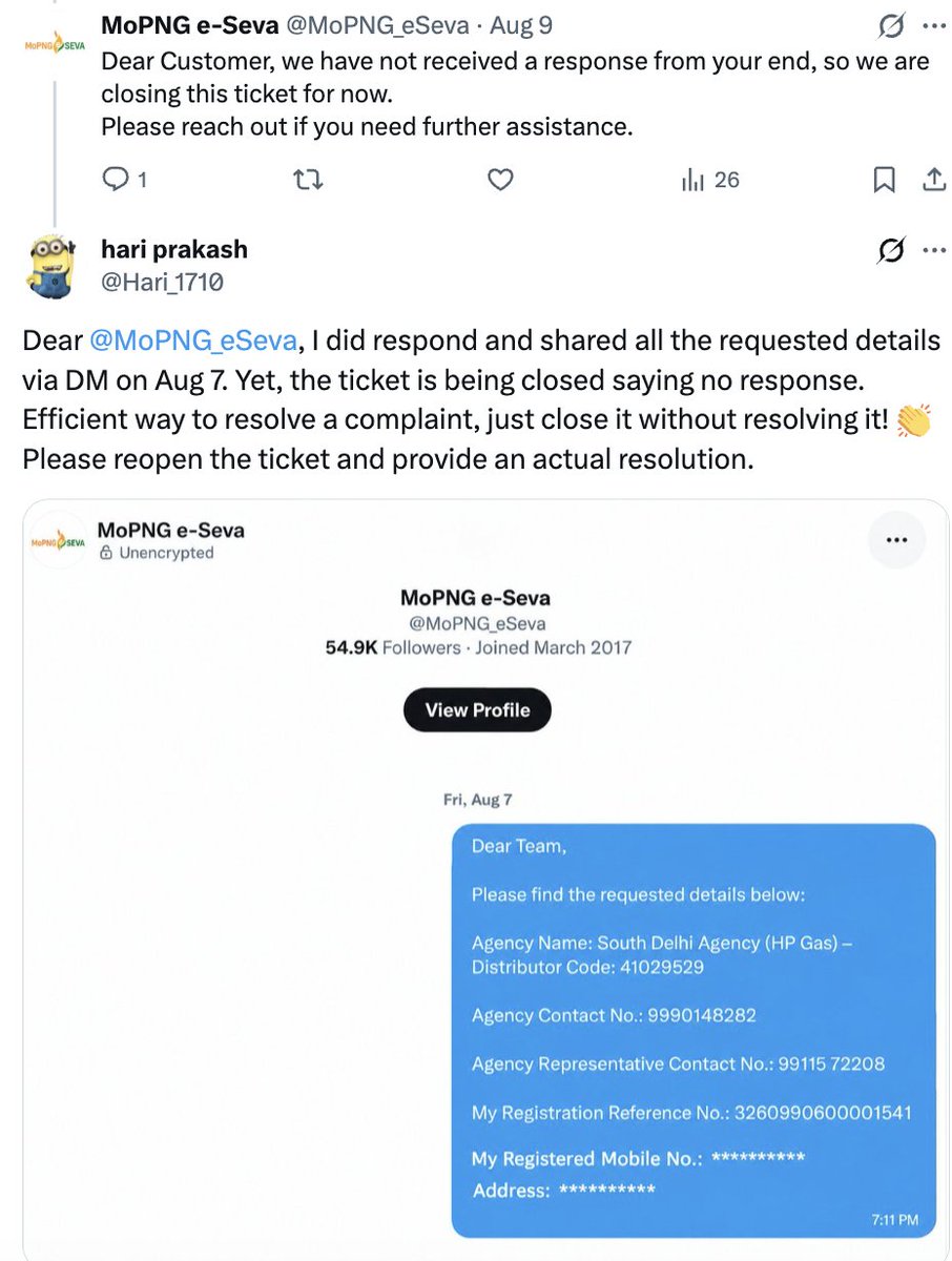 Hari_1710's tweet photo. @MoPNG_eSeva @karthik_amai What a wonderfully efficient system .  Ask the customer for all the details, receive them, then claim “no response received” and close the ticket. The complaint isn’t resolved, but the ticket certainly is. https://t.co/MK1WvF9BON