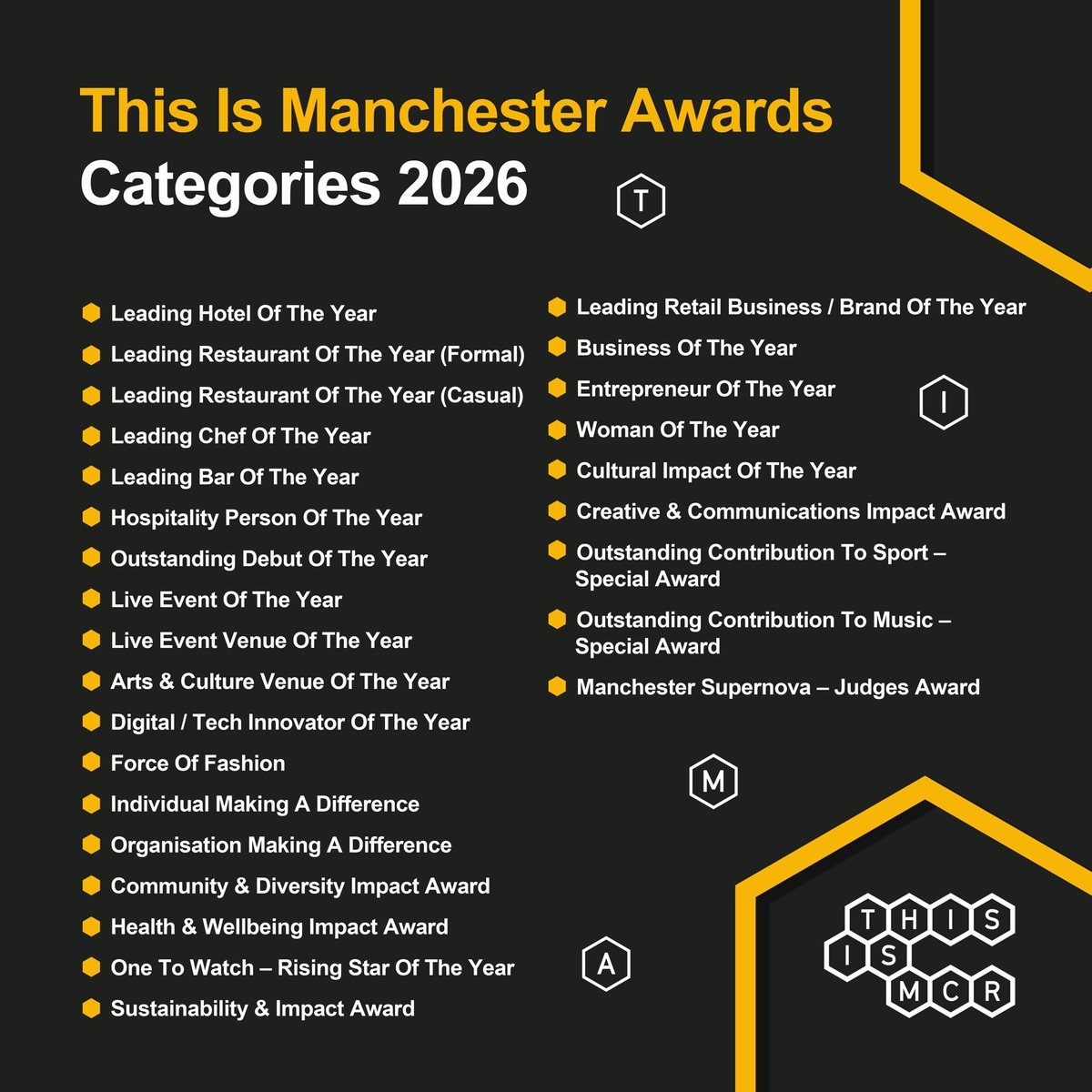 thisismcrawards's tweet photo. 🏆 We’re edging closer to the This Is Manchester Awards 2026!

With 24 prestigious awards celebrating the absolute best of the best from across the North West. From hospitality, fashion & retail to entrepreneurship, sustainability, creative & community impact.

Nominations close 31st August. Head to the link in our bio to submit entries. 

💛🐝 Join us on 5th November with our brilliant host @JennyPowellTV 

#thisismcr #thisismanchester #bestofthebest