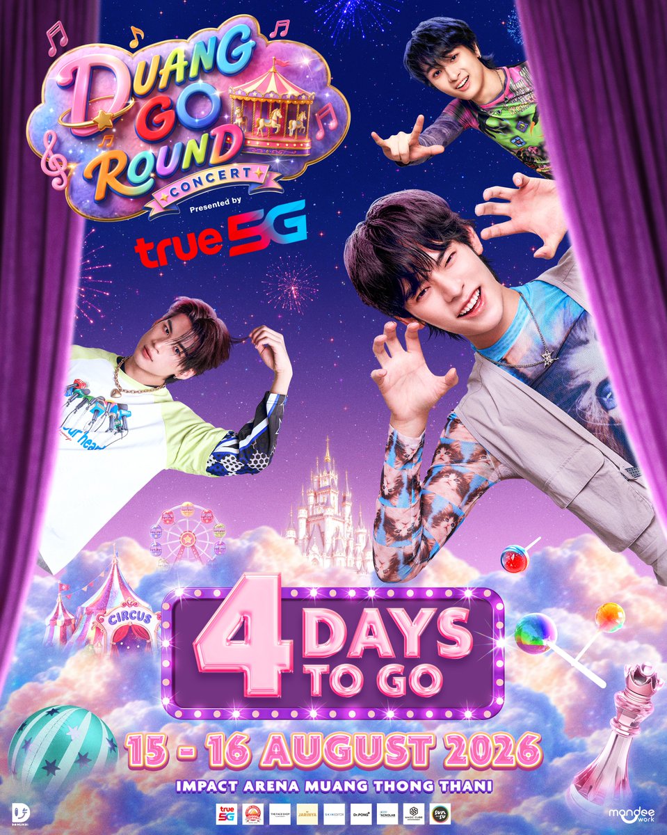 DomundiTV's tweet photo. 𝟰 𝗗𝗔𝗬𝗦 𝗧𝗢 𝗚𝗢 ‼️🎠✨️

อีกแค่ 4 วัน! พร้อมเปิดโหมด FUN MODE ON กันหรือยัง? 👀💥

ได้เวลาที่ทุกคนจะได้สนุกไปด้วยกัน เตรียมวอร์มเสียง แล้วมาจอยให้สุด ฟินให้เต็มที่ กับโชว์สุดปัง และโมเมนต์พิเศษที่บอกเลยว่า ไม่ควรพลาด! 💞

ถึงเวลามาเติมความสดใส ความน่ารัก และสร้างความประทับใจแบบ ICONIC ไปด้วยกันใน 𝐃𝐔𝐀𝐍𝐆 𝐆𝐎 𝐑𝐎𝐔𝐍𝐃 𝐂𝐎𝐍𝐂𝐄𝐑𝐓 Presented by True5G 🎪✨

🎥 : Live Stream Version
🔗 : https://t.co/XJr4FekDEZ

🗓️ : 15-16 AUGUST 2026
📍 : IMPACT Arena, Muang Thong Thani

DUANG CONCERT AT IMPACT
#DuangGoRoundConcert