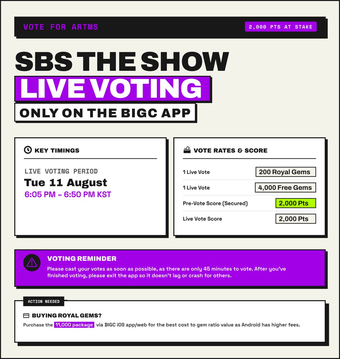 TeamReOrbit_'s tweet photo. 🚨 SBS THE SHOW LIVE VOTE OPENS IN 3 HOURS!

*UPDATE: The Official SBS The Show account stated that the vote runs until 7:00PM KST, but based on past polls, it appears to end at 6:50PM KST in the BIGC app. To be safe, we will now share 6:50PM KST as the closing time.

📱 Voting App: BIGC

💎 LIVE VOTE
•  1 vote = 200 Royal Gems
•  1 vote = 4,000 Free Gems

• ‼️ NO VOTE LIMIT per account!
• Collect Free Gems on multiple accounts!

🗓️ 11 Aug | 6:05–6:50 PM KST
⏰ Check your local time: https://t.co/MASMeQIQAF

💡 NEED MORE FREE GEMS?
You can earn up to 6,000 Free Gems per day, per account by watching ads.
If you need the 4,000 Free Gems required for a vote, make sure to watch your available ads before the live vote begins!

💙 CAN’T MAKE IT TO THE LIVE VOTE?
You can still help by donating to our fundraiser. Donations help provide the Royal Gems needed for voting, allowing us to maximize our voting power.

💎 PLANNING TO PURCHASE ROYAL GEMS?
✅ The 11,000 Royal Gem package offers the best value.
✅ Purchase through the BIGC iOS app or website to avoid higher fees:
🔗 https://t.co/m9Km5eh8mq

If the 11,000 Royal Gem package is outside your budget, consider donating instead. Every contribution helps!

📌 BIGC GUIDE + FUNDRAISER:
🔗 https://t.co/ZJXhB2m9kQ
