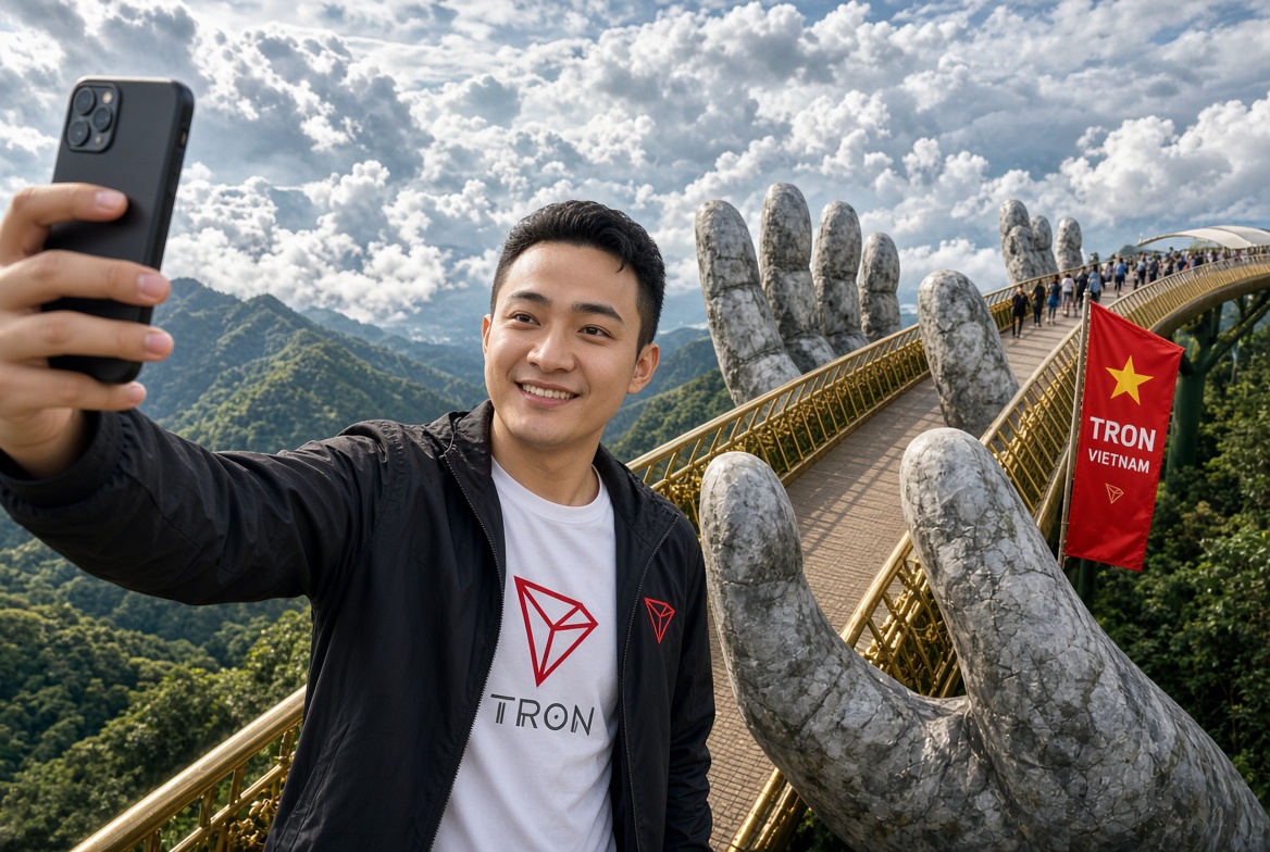 Adeliaz77's tweet photo. @TronDao_VIE Tôi tạo hình ảnh Justin Sun check-in tại Cầu Vàng (Golden Bridge), Ba Na Hills, Đà Nẵng — một trong những landmark check-in nổi tiếng và “viral” nhất Việt Nam.

#Conviction2026 #TRONinVietnam https://t.co/9lKTaWx2SX